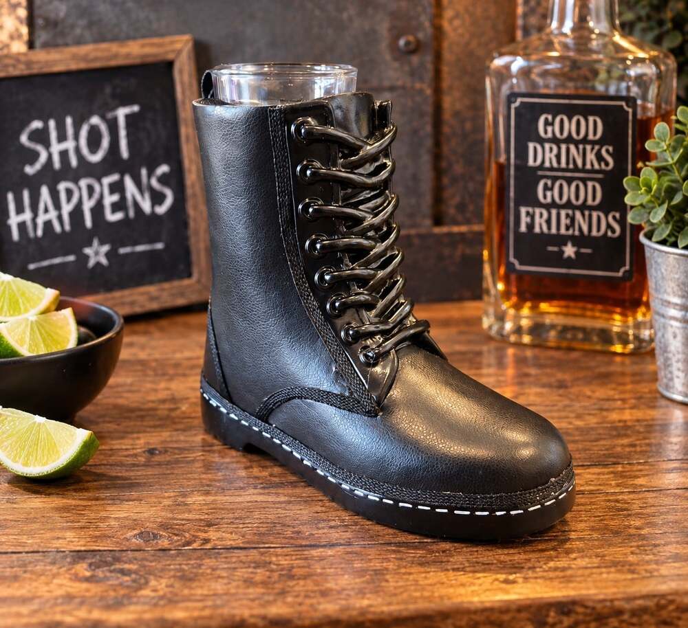 New Black Combat Leather Boot Shooters Shot Glass Novelty Drinking Gift